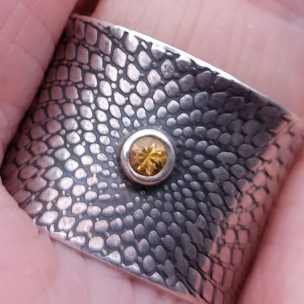 Vintage Sterling Silver Wide Cigar Band Golden Citrine Ring Size 7.   7g